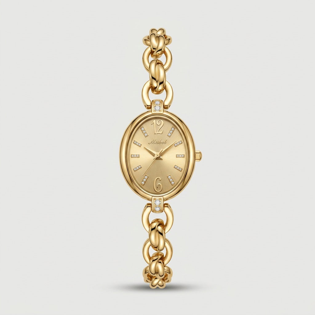 Lady's Steel Strap Watch Gold Oval Hollow Chain Quartz Watch
