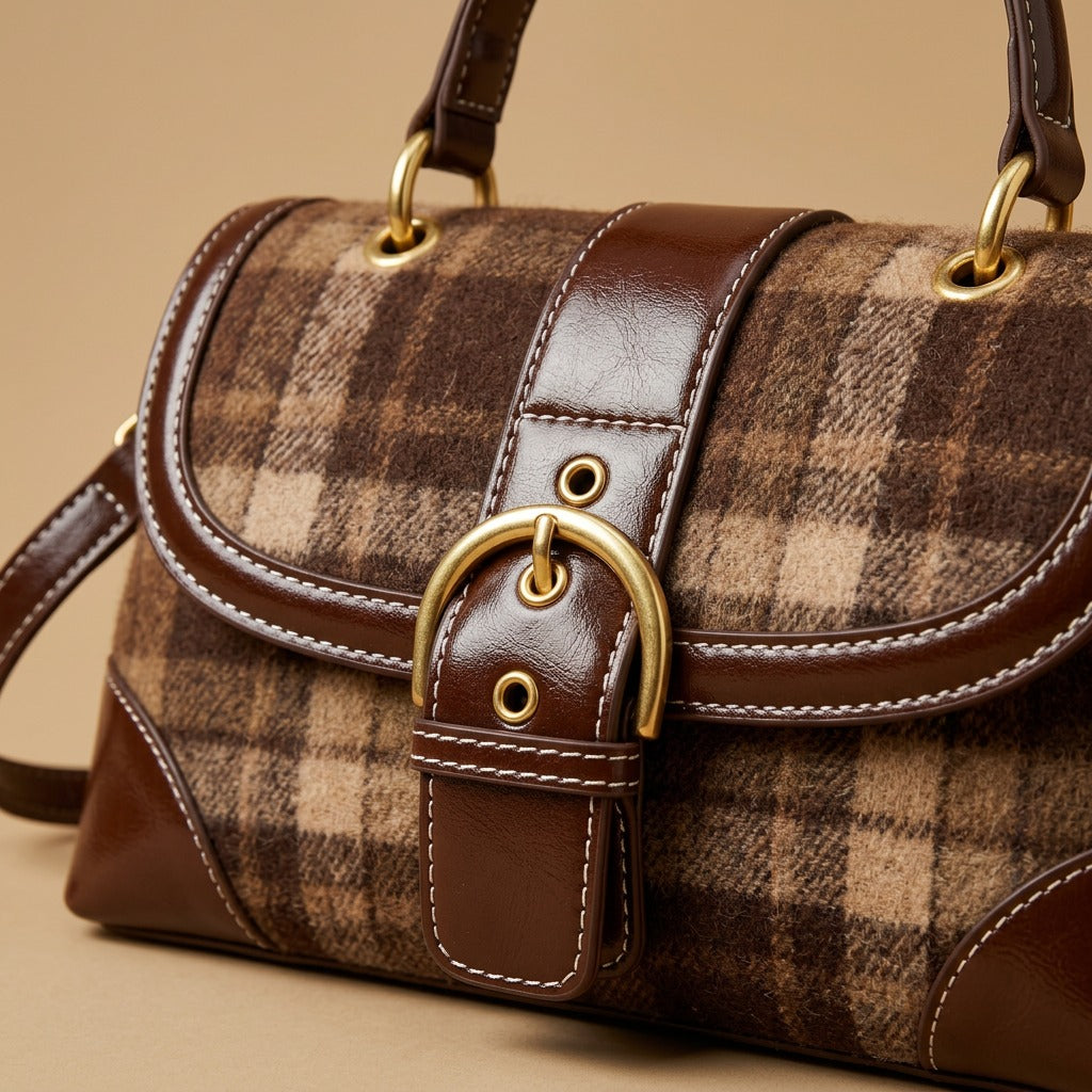 Shoulder Bag with Plaid Finish
