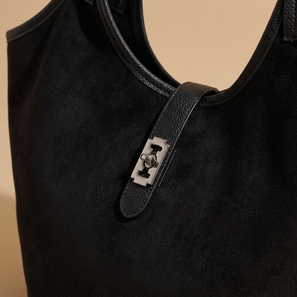 Suede Tote Bag with Front Tab Clasp
