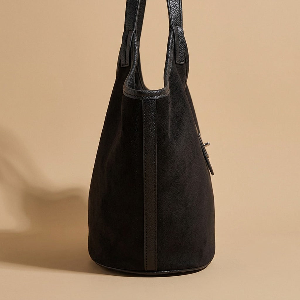 Suede Tote Bag with Front Tab Clasp