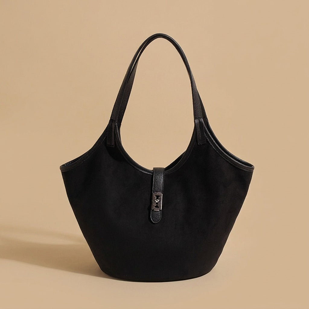 Suede Tote Bag with Front Tab Clasp