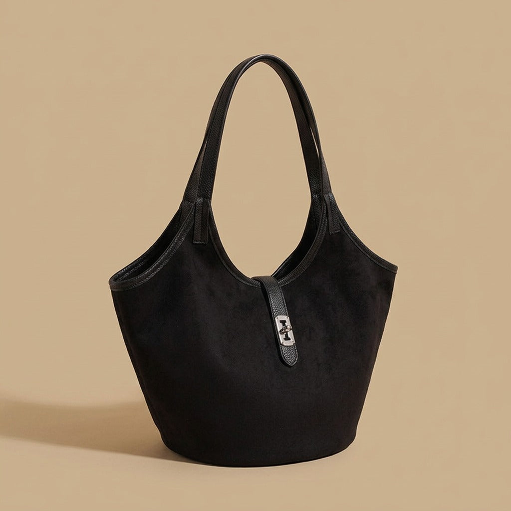 Suede Tote Bag with Front Tab Clasp