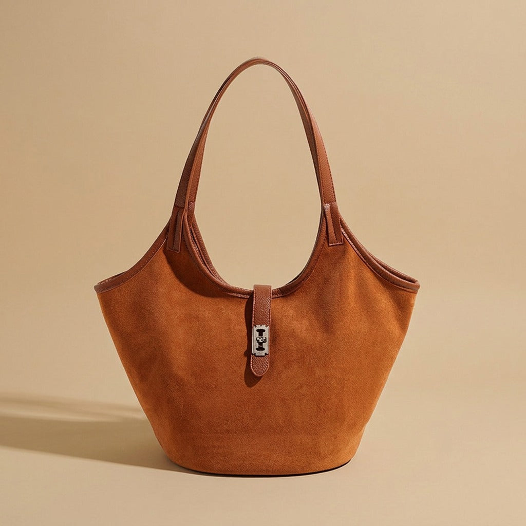 Suede Tote Bag with Front Tab Clasp
