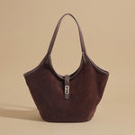 Suede Tote Bag with Front Tab Clasp