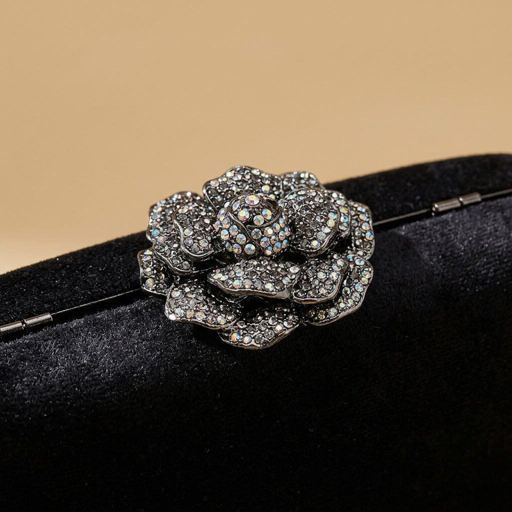 Velvet Clutch Bag with Crystal Flower Clasp