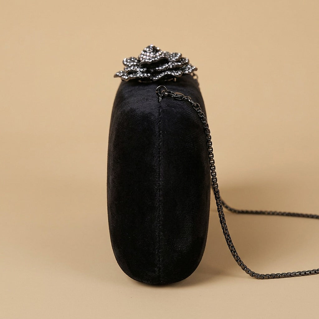 Velvet Clutch Bag with Crystal Flower Clasp