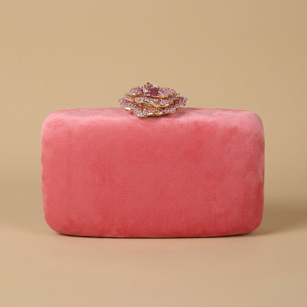 Velvet Clutch Bag with Crystal Flower Clasp