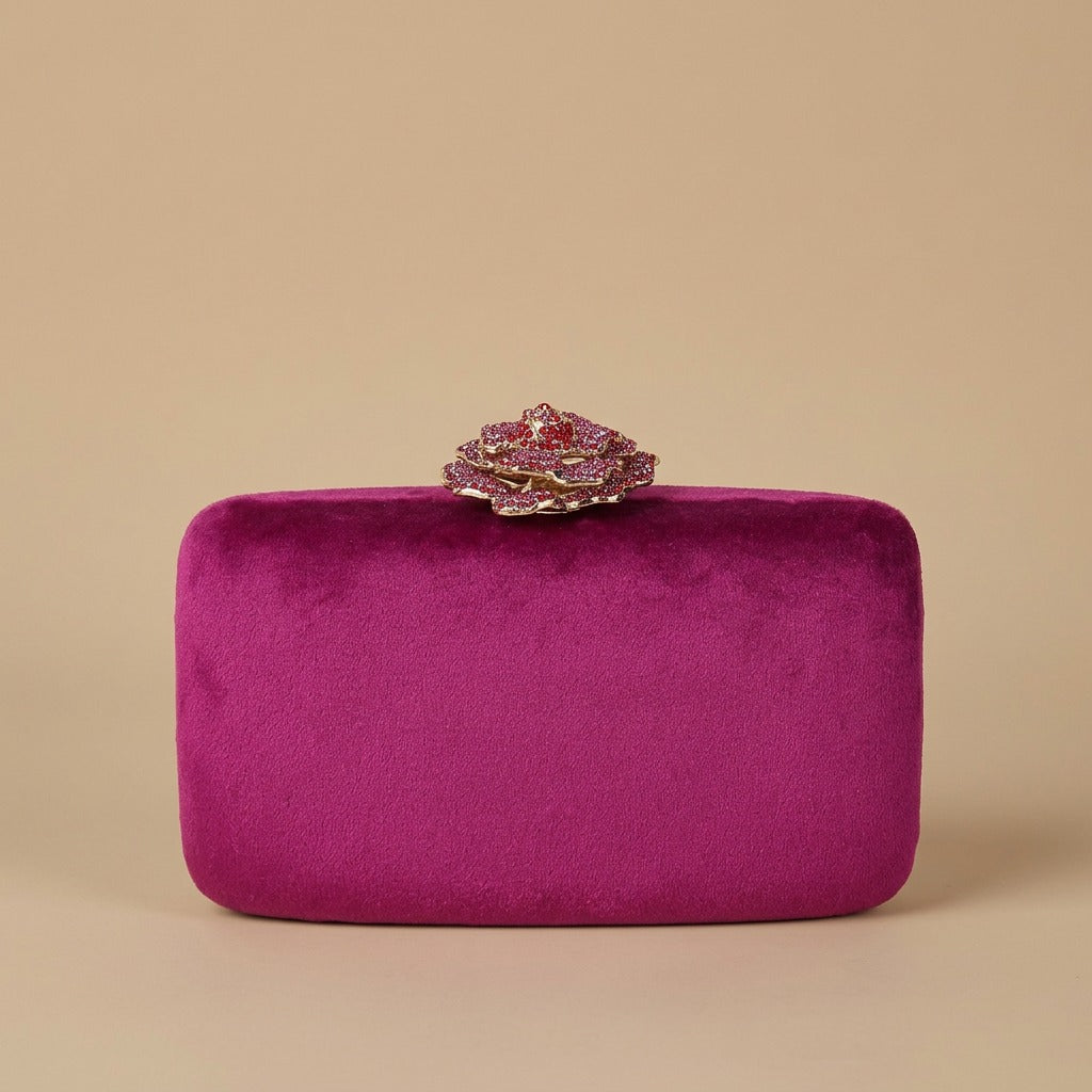 Velvet Clutch Bag with Crystal Flower Clasp
